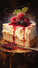 Illustrate a traditional oil painting of a lavish long shot cheesecake, emphasizing rich colors and detailed brush strokes, evoking a sense of indulgence and luxury