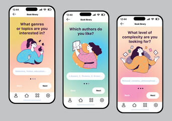 Book reading app concept in flat design. A colorful and bright concept of a phone application for finding books, tracking authors, selecting by mood, etc. Vector Illustration.
