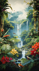 Illustrate an intricate birds-eye perspective of a lush tropical rainforest