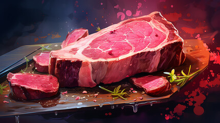 Illustrate the savory essence of a T-bone steak with vibrant oil colors