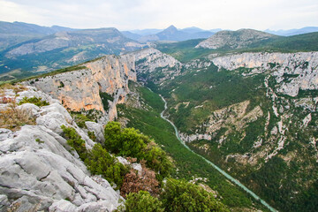 Verdon Gorge, a river canyon located in the southern Alps in France, as seen from the Belvedere of Dent d'Aire along the Route des Crêtes (ridge road)