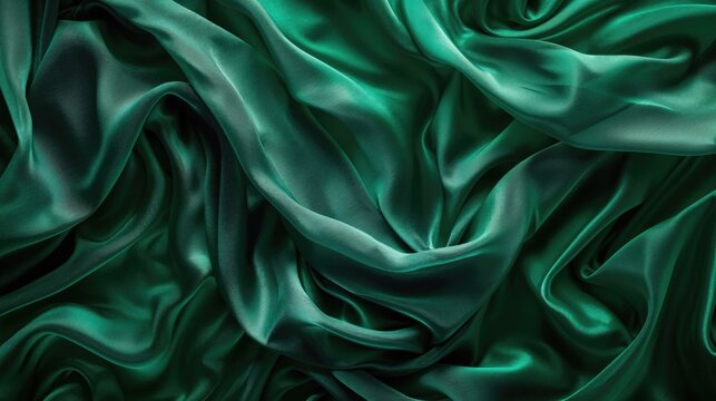 Elegant Emerald Green Silk Fabric with Smooth Waves and Luxurious Texture