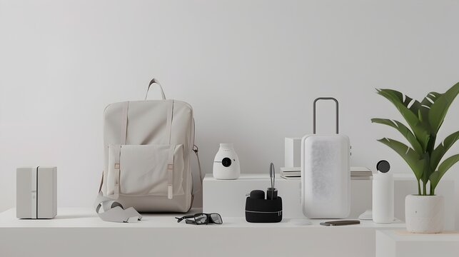 Minimalist Workspace with Backpack,Plants,and Office Accessories