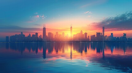 City Skyline at Dawn: Create a breathtaking city skyline at dawn with the first light of day, silhouetted skyscrapers, and a calm urban landscape, ideal for travel guides and city promotions.