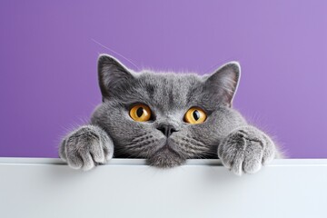Studio photo of a cute British Shorthair cat isolated against a background of pastel shades, creating a soft and appealing visual.