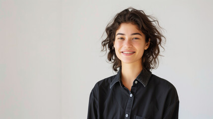 Obraz premium Joyful young woman in a black shirt with a natural look
