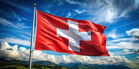 Swiss flag waving in the wind , Switzerland, Swiss, flag, national, red, white, cross, banner, emblem, symbol, patriotism, European, design, horizontal, iconic, - Powered by Adobe