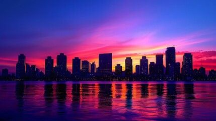 Obraz premium City Skyline at Dawn: Create a breathtaking city skyline at dawn with the first light of day, silhouetted skyscrapers, and a calm urban landscape, ideal for travel guides and city promotions.