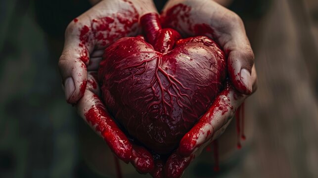 Close-up of a hand gripping a real bleeding human heart, veins visible, symbolizing the end of love
