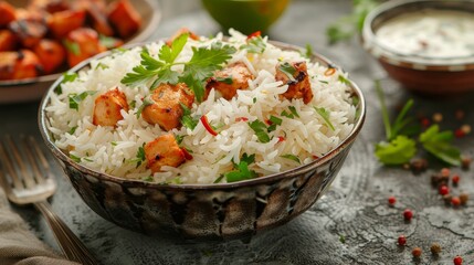 Close-up of a bowl of perfectly cooked basmati rice alongside a bowl of tender chicken chunks, showcasing delicious details for a product advertisement