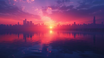 Naklejka premium City Skyline at Dawn: Create a breathtaking city skyline at dawn with the first light of day, silhouetted skyscrapers, and a calm urban landscape, ideal for travel guides and city promotions.