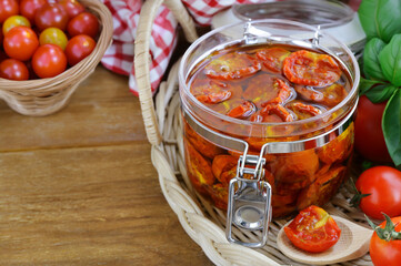 traditional Italian sun-dried tomatoes in oil with basil