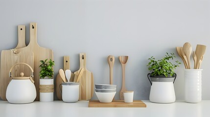Wooden Kitchenware and Tableware Arranged in Minimalist White Kitchen Interior