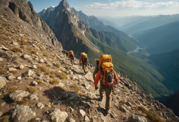 Obraz premium Mountain climber ascending a rugged trail with determination, exemplifying adventure and personal challenge in nature.