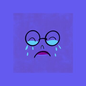 Cartoon face with glasses crying on purple background, Illustration