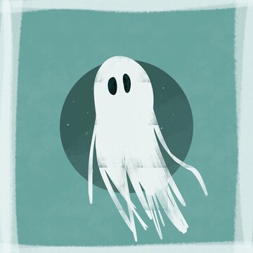 Cute cartoon ghost on a textured teal background, Illustration