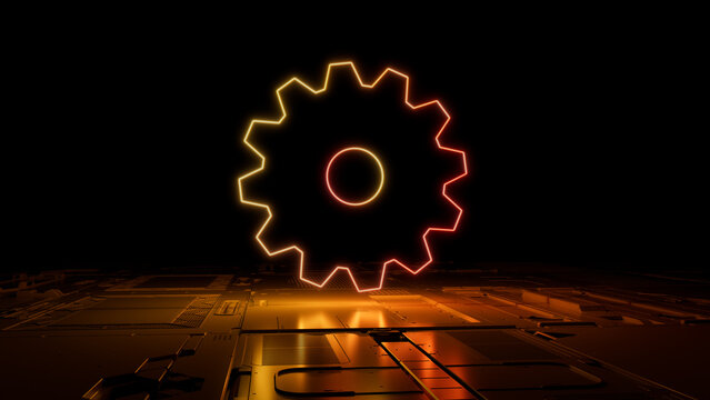 Orange and Yellow neon light cog icon. Vibrant colored Configure technology symbol, on a black background with high tech floor. 3D Render