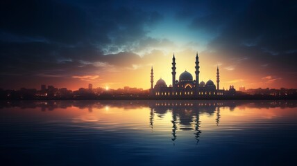 Naklejka premium Ramadan Kareem religious background with mosque silhouettes reflected in serene sea, copy space, generative ai