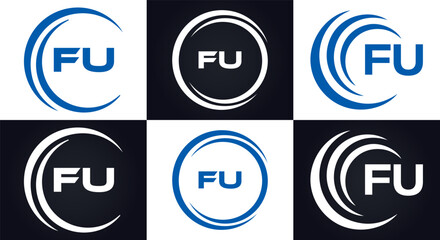 FU logo. F U design. White FU letter. FU, F U letter logo design. F U letter logo design in FIVE, FOUR, THREE, style. letter logo set in one artboard. F U letter logo vector design.	
