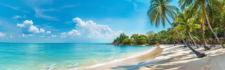 Panoramic Tropical Beach with Palm Trees and Blue Sea