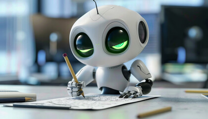 AI robot writing on paper with pencil, Concept of artificial intelligence learning by AI generated image