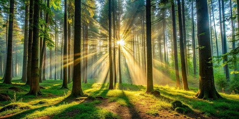 of a forest with sunlight filtering through the trees, forest, sunlight, trees, serene, nature, peaceful, shadows, anime, manga, art, beauty, tranquil, landscape, wood, light, shadows