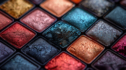 Fototapeta premium A vibrant close-up of colorful, shimmering eyeshadow palettes, showcasing a variety of hues and textures.