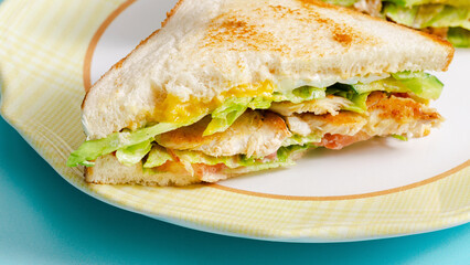 Half of sliced club sandwich on plate close up
