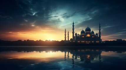 Naklejka premium Ramadan Kareem religious background with mosque silhouettes reflected in serene sea, copy space, generative ai