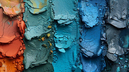 A vibrant close-up of textured, multicolored paint strokes, showcasing a spectrum from warm oranges to cool blues.