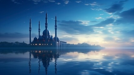 Ramadan Kareem religious background with mosque silhouettes reflected in serene sea, copy space, generative ai