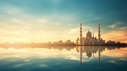 Obraz premium Ramadan Kareem religious background with mosque silhouettes reflected in serene sea, copy space, generative ai