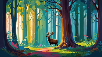 Game art scene in the summer forest under the tall mysterious trees hides a wild majestic moose