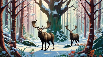 Two moose in winter forest