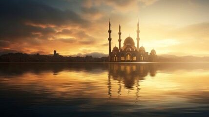 Ramadan Kareem religious background with mosque silhouettes reflected in serene sea, copy space, generative ai