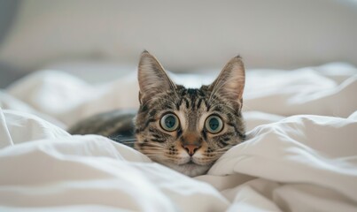 close-up photo of a surprised, joyful, energetic tabby cat lying on a white bed and looking at the camera,