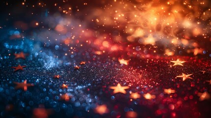 Obraz premium Abstract festive background with red, blue, and gold glittering stars and bokeh lights, perfect for celebrations and holiday themes.