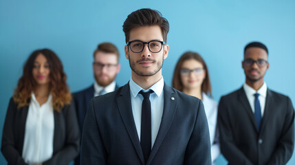 Confident businessman standing in front of diverse business team