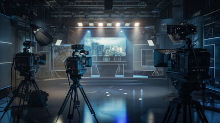 A TV studio with multiple cameras, lighting and a presenter's office with the program hosts. Lights flicker against the background, emphasizing the atmosphere of a dynamic television production.