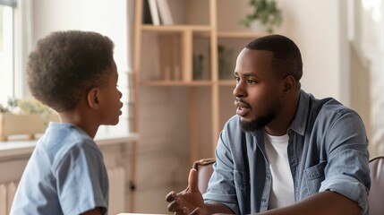 A meaningful family moment as a father engages in a thoughtful conversation with his son, highlighting the importance of communication and understanding.