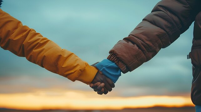 A touching family moment as two people hold hands against a serene sunset, symbolizing support and connection.