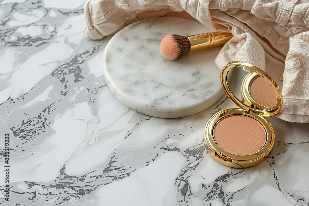 Poster a compact powder and blush case sits on a marble surface, ready for makeup application. generative a