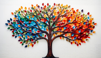 A tree made of colorful paper is displayed on a wall