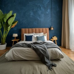 The modern bedroom and blue wall texture background,bed, bedroom, hotel, room, interior, pillow, furniture, 