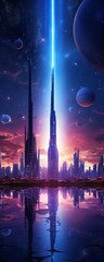 Fototapeta premium Futuristic cityscape with glowing skyscrapers, vibrant sunset, and planets in the sky, reflecting a blend of technology and cosmic wonder.