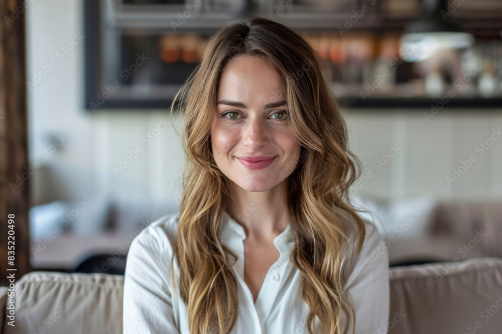 Wall mural Woman  in white shirt with long blonde hair smiling indoors.