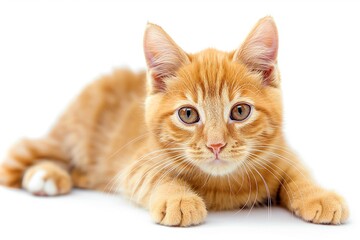 Obraz premium Studio photo of a cute ginger cat isolated against a background of pastel shades, creating a soft and appealing visual.