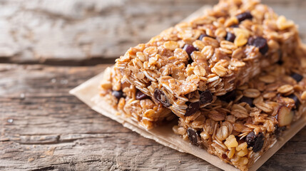 Granola Bars with Nuts and Chocolate Chips on Wooden Table