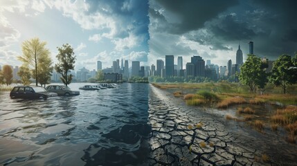 Dramatic side-by-side contrasting image of a city affected by flooding and drought, highlighting the impact of climate change.