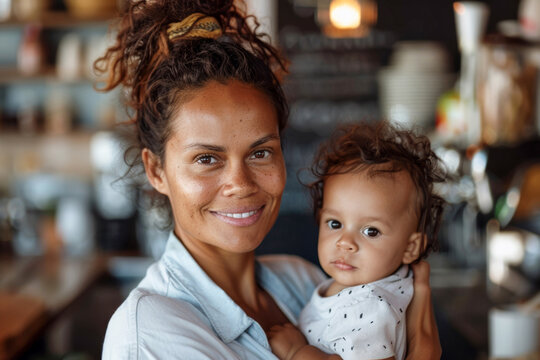 A mother smiling while holding her infant son in a restaurant.